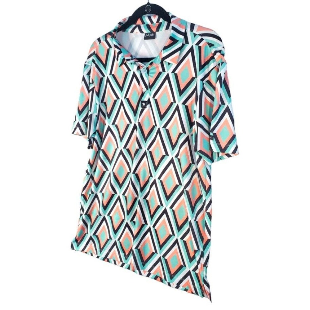 Bad Birdie Golf Shirt Men's Sz M All Over Print Geometric Diamond Logo Allseason